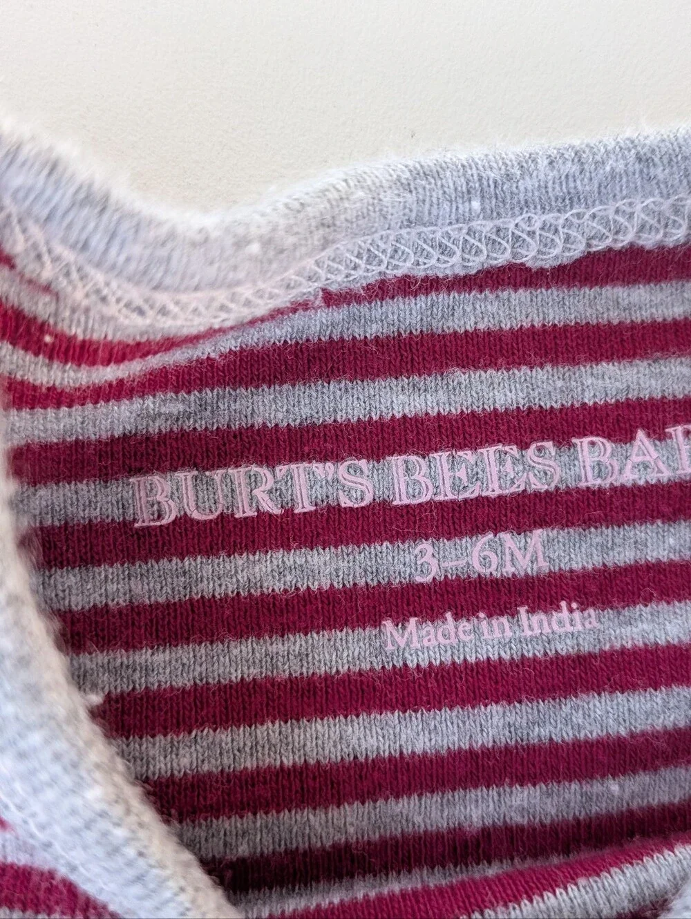 Burts Bee's Baby Long Sleeve Striped Onsie Raspberry Red/Grey Stripe 3-6M